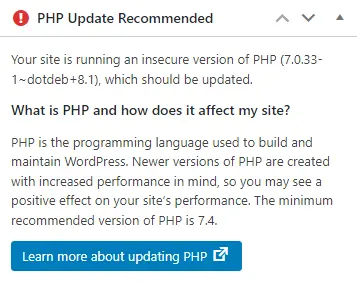 Php Update Recommended notice