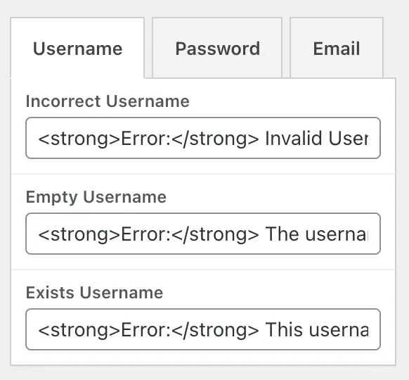 Username error messages
